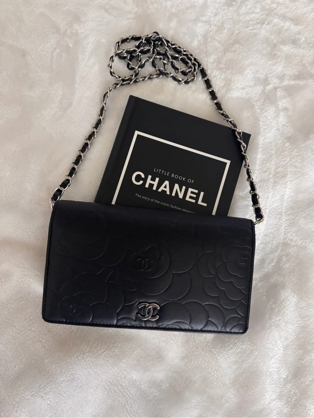 Authentic Chanel Black Camellia Quilted Leather Chain Wallet